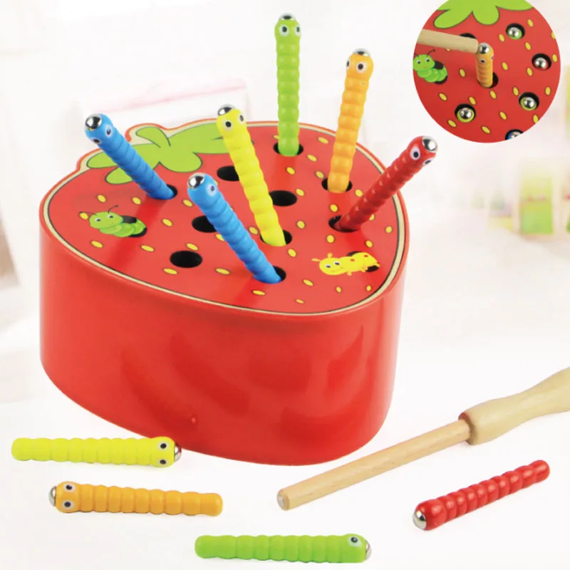 Magnet Strawberry Catch Worms Board Fishing Game for kids Magnetic Catching Caterpillar Montessori Educational Toys Baby Gift 3