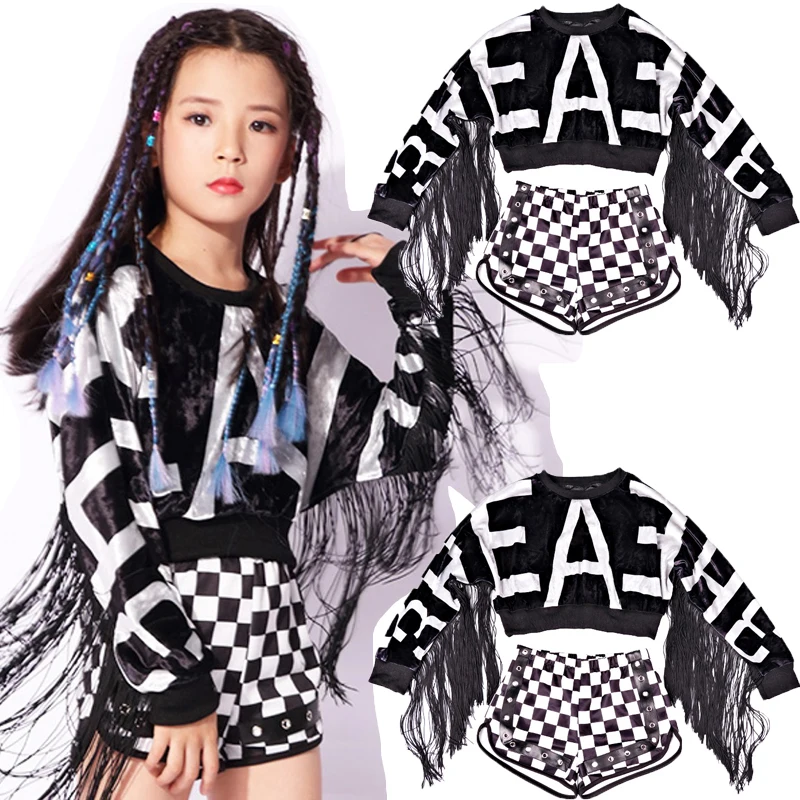Popular Girls Stage Costume Jazz Tassel Dancing Outfits Children Hip Hop Set Mosaic Kid Street Dance Performance Clothing |