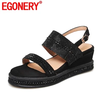 

EGONERY 2020 high quality comfortable rhinestone round toe sandals woman wedges platform casual black open toe buckle shoes