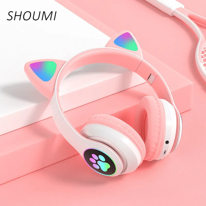 Wireless Headphone Flash Light Cute Cat Helmet Phone HD Mic Bluetooth Headset LED Kid Girl Stereo Noise Reduce Music Child Gift