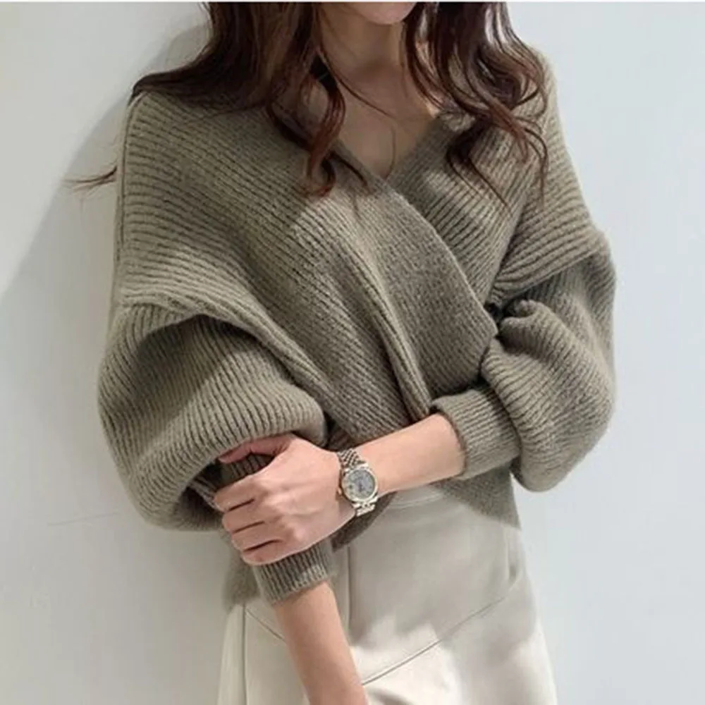 V Neck Twisted Back Sweater Women Korean Elegant OL Chic Knitted Pullovers Casual Tops Long Sleeve Solid Loose Jumper pull femm |