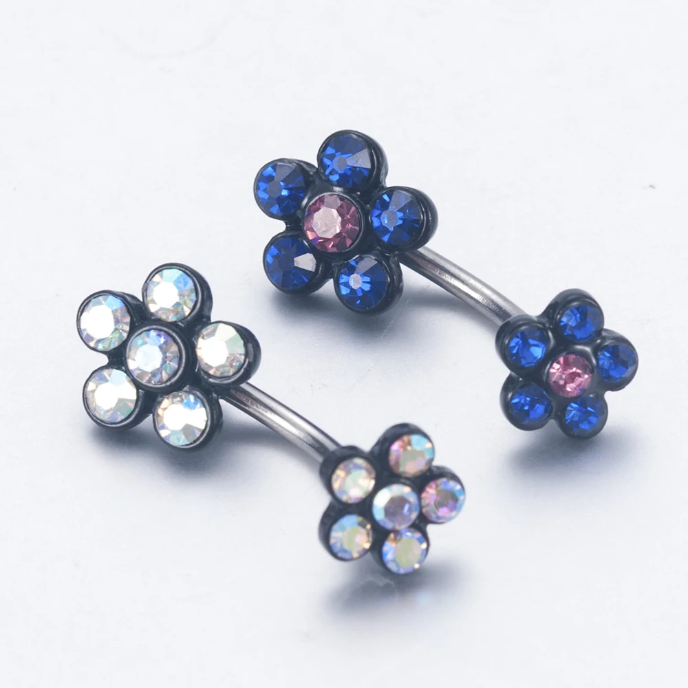 

New Fashion Women Stainless Steel Blue Crystal Flower Navel Ring Belly Button Rings Dangle Pendant Body Piercing Belly Wholesale