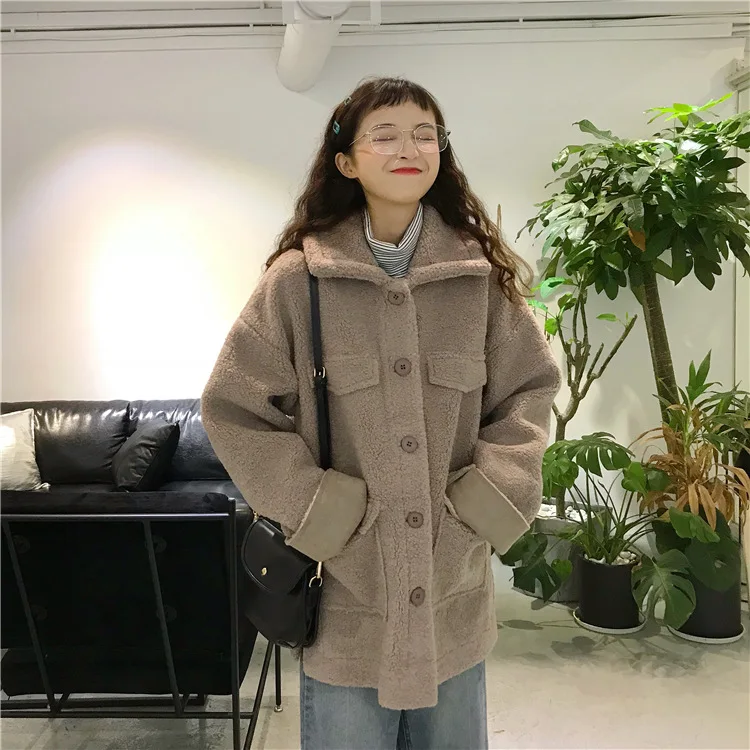 

Photo Shoot Autumn And Winter Retro BF Style Loose-Fit Versatile Berber Fleece Thick Fold-down Collar Long-sleeved Coat Cotton-p