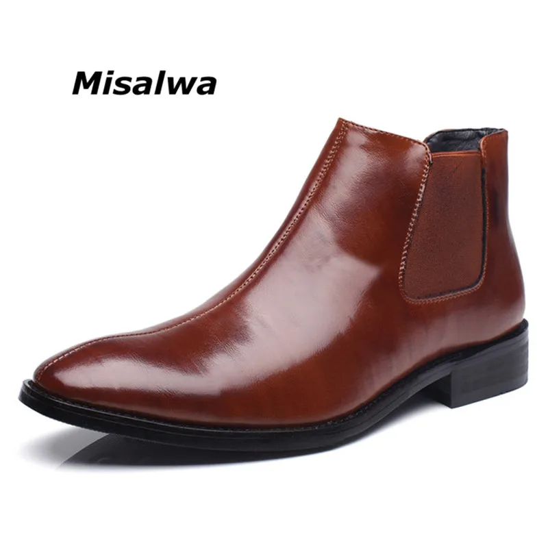Online Misalwa primavera invierno botas Chelsea de piel para hombre Zapatos de hombre británico de cuero Casual estilo Slip on vestido de novia botas cortas para hombre