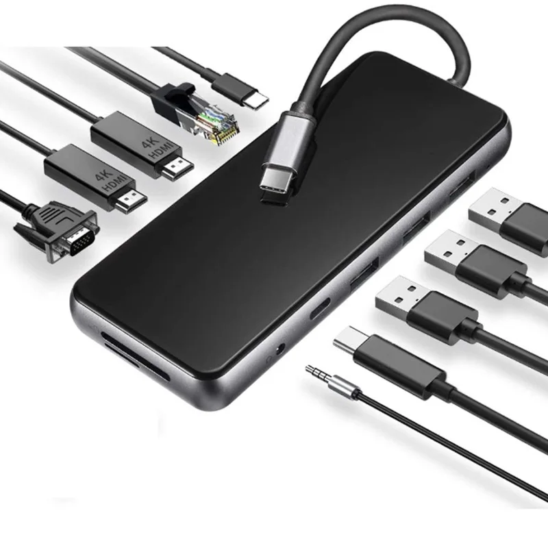 Док станция для ноутбука 12 в 1 тройной дисплей двойной HDMI 4K VGA PD3.0 SD TF USB C