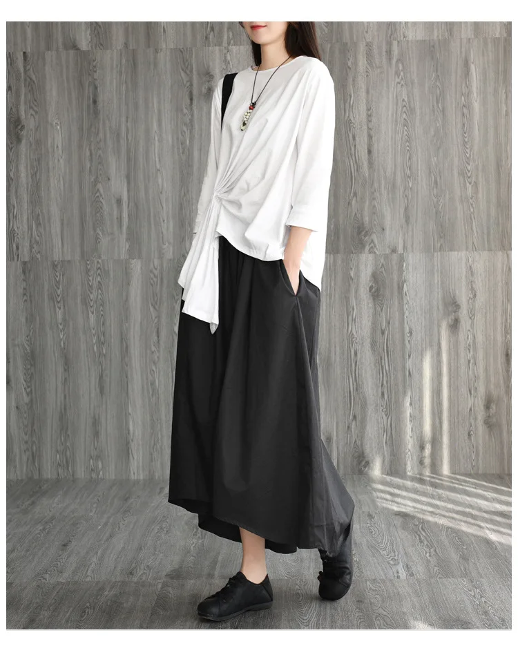 Original Retro Spring Autumn Cotton Women'S T-Shirt Irregular Casual Pullover Tie Pleated Tops Ladies O Neck T-shirt
