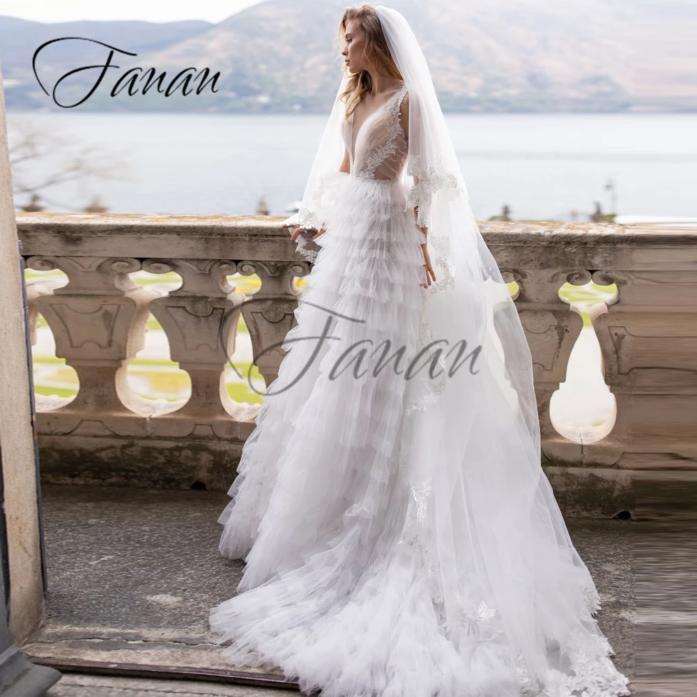 

O-Neck Sleeveless See-Through A-Line Wedding Dresses Tiered Appliques Simple Bridal Gown Свадебное платье vestido de noiva