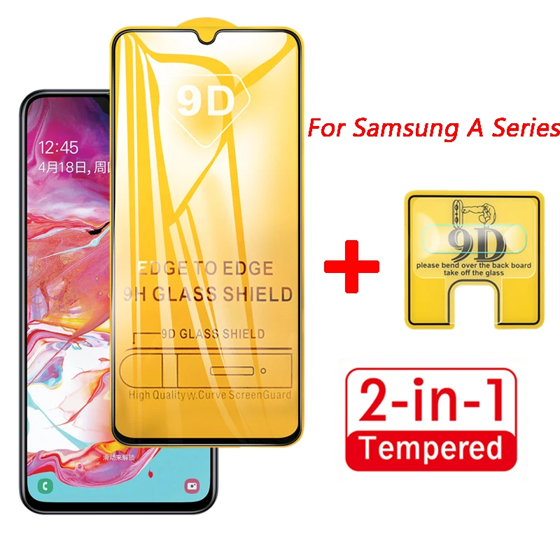 2 в 1 полное покрытие из закаленного стекла для samsung Galaxy A70 A50 A30 A20 SM A705F A505F 9D передний стеклянный объектив камеры протектор экрана