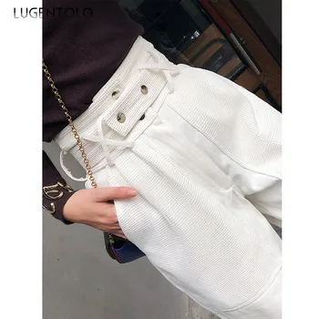 

Lugentolo Women Pants Autumn Winter Loose High Waist Wihte Solid Casual Button Pocket Korean Slim Ankle-length Radish Pants