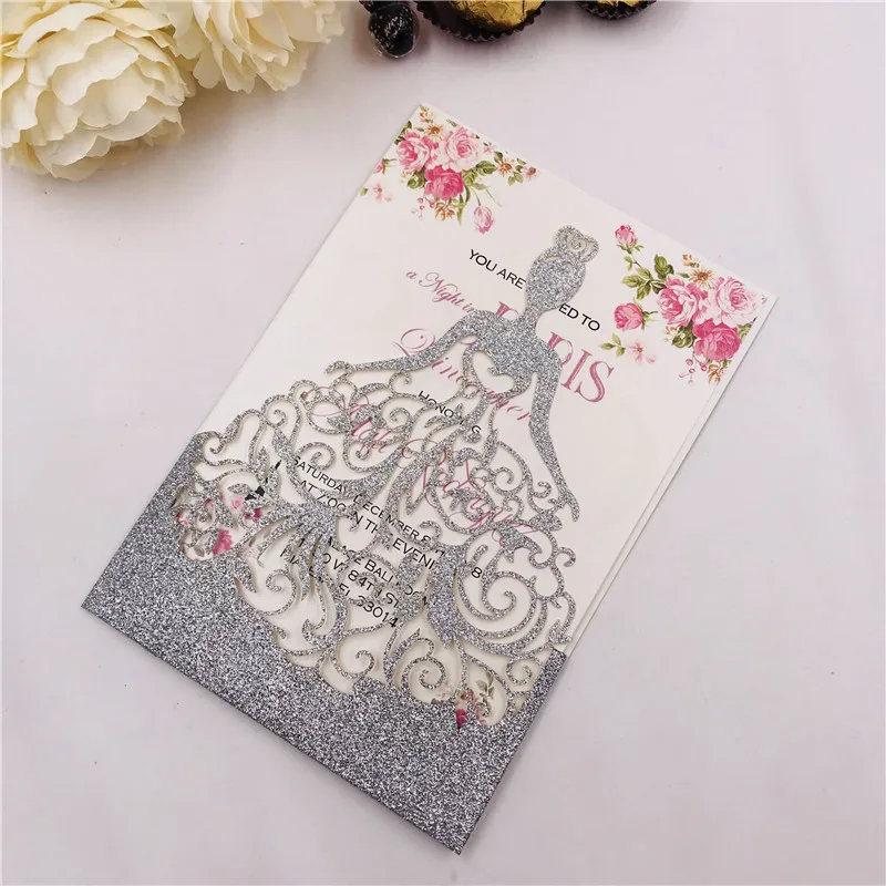 20pcs Laser Cut Wedding Invitations Cards with Hollow Girl Pearl Inserts card for Quinceañera Bridal Shower Engagement | Дом и сад