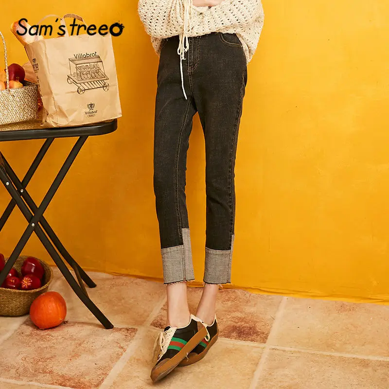 

SAM'S TREE Black Solid Colorblock Patchwork High Waist Jeans Women 2019 Autumn Elasticity Casual Office Ladies Skinny Trousers