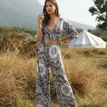 Women's Jumpsuit 2020 summer new Bohemian holiday Jumpsuit women's casual personalized print bow wide leg pants