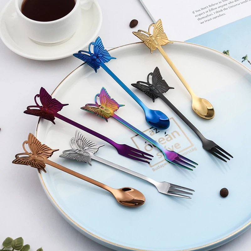 4PCS New Butterfly Tea-Spoon and fork Creative Bar Tableware Stainless steel dessert coffee Spoon Christmas gift
