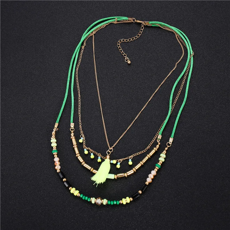 Новое богемное разноцветное бисерное зеленое ожерелье с цепочкой длинный подвес-кисточка, пышное многослойное летнее пляжное ожерелье для девушек и женщин