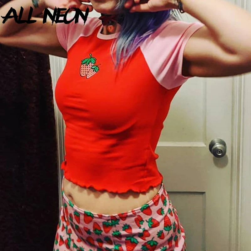 ALLNeon Sweet Strawberry Embroidery Front Crop Tops E-girl O-neck Short Sleeve Patchwork Red T-shirts Fashion Summer Kawaii Tees
