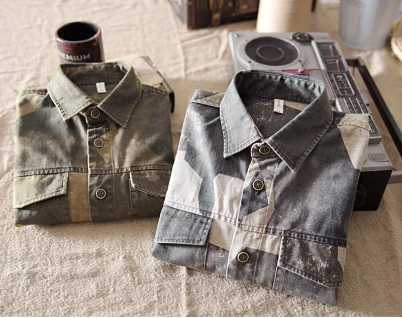 KIOVNO Men Camouflage Casual Denim Shirts Long Sleeves MIlitary Style Jeans Shirts For Male Size M-3XL