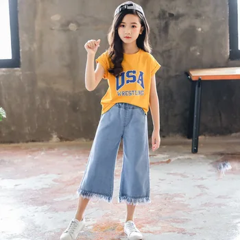 

Girls summer dress 2020 new letter tassel wide-leg pants two-piece suit Korean casual girl suit summer