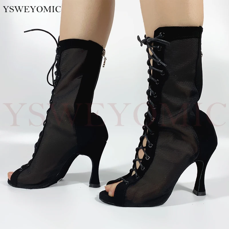 Women's Latin Ballroom Party Dance Boots Black Red Color Transparent Sexy Soft Thick Outsole Salsa Dancing Shoes In 3inch Heel