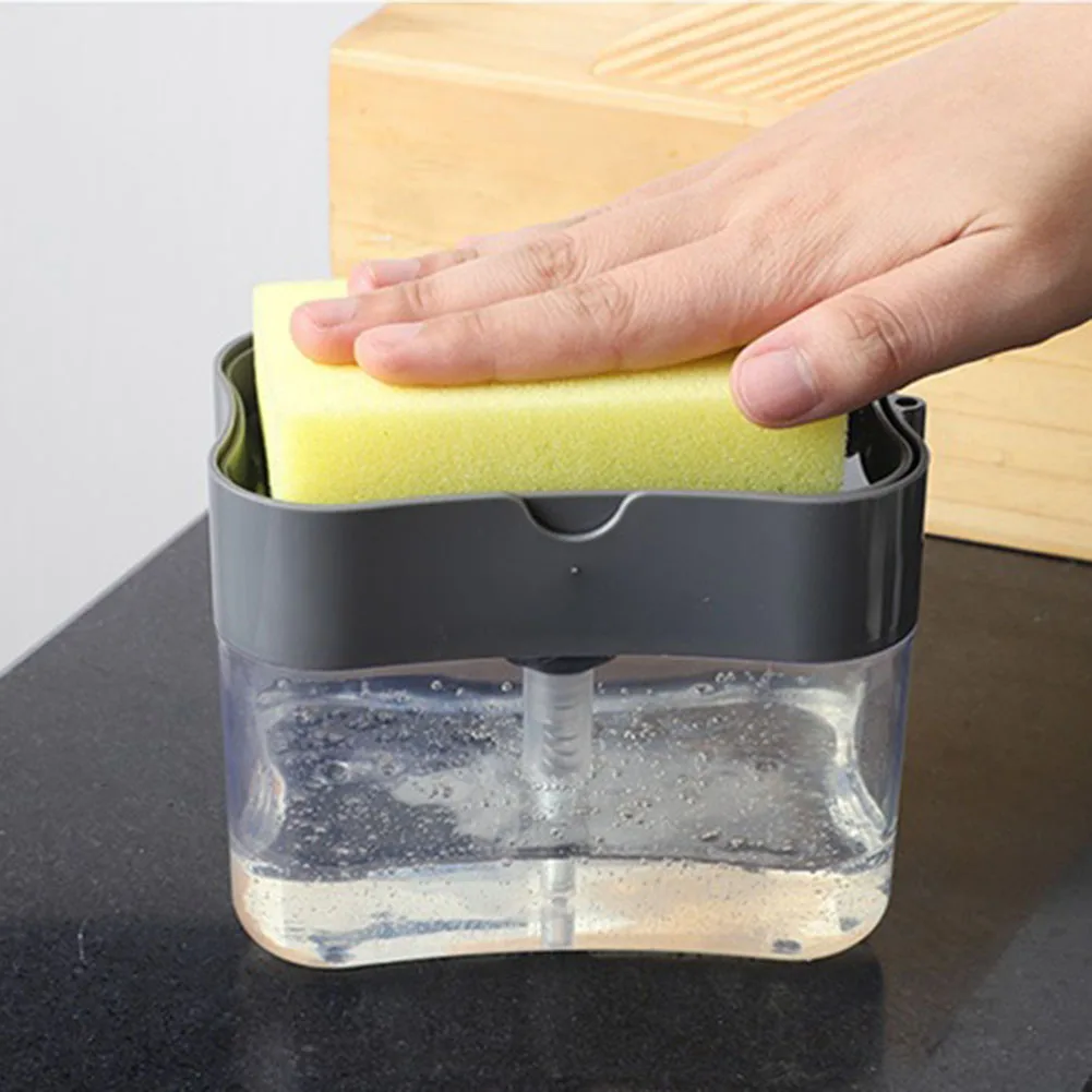 Dispensador de detergente líquido 2 en 1, caja de jabón líquido con prensa, organizador de bomba con esponja, herramienta de cocina, suministros de baño