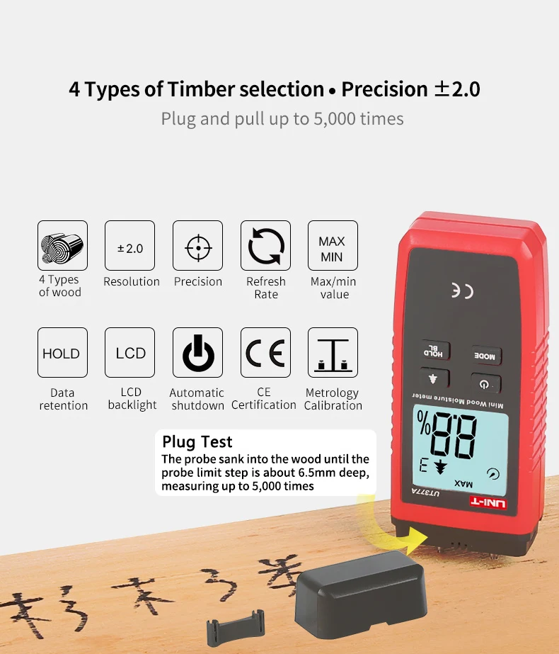 UNI-T UT377A мини цифровой измеритель влажности 2-40% древесные материалы измеритель влажности детектор влажности древесины 2 контакта ЖК-подсветка