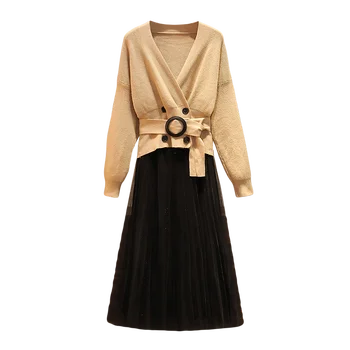

New 2019 Autumn Fashion Belt V Neck Cardigan Sweater Bling Mesh Gauze Skirt Suit Women 2 Pcs Clothing Set Leisure Outfit Knitted