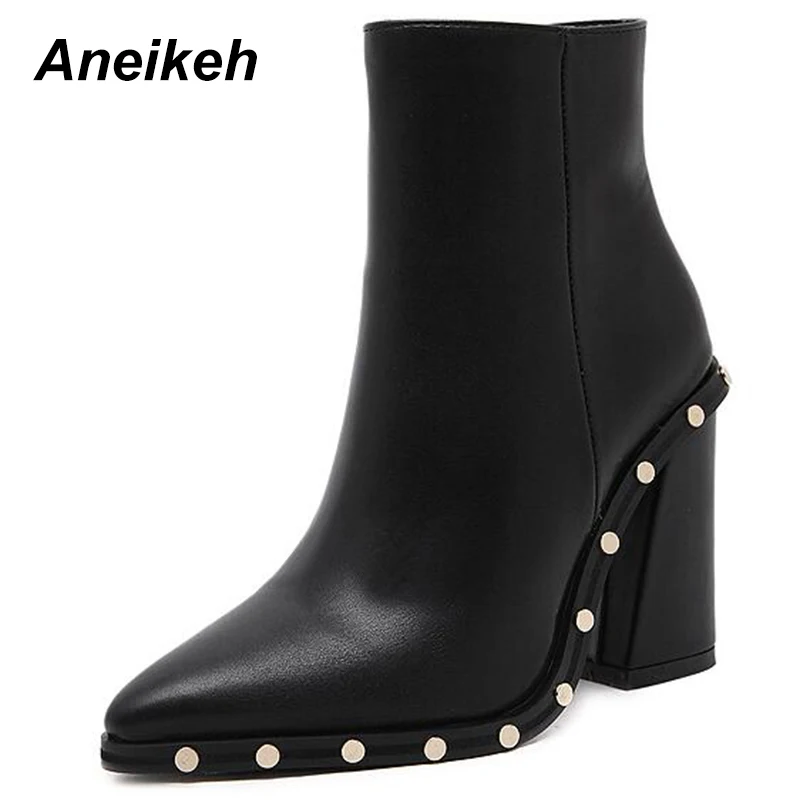 Aneikeh/Модные ботильоны «Челси» с заклепками; женские осенние пикантные ботинки из искусственной кожи на высоком массивном каблуке; женские туфли-лодочки с острым носком; zapatos mujer