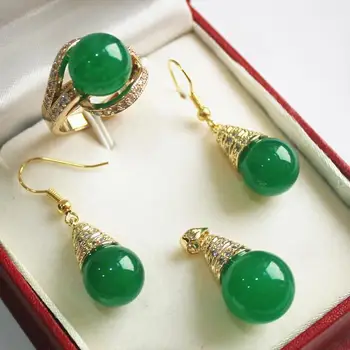 

generious and decent 18K 12mm green jade pendant, earring and ring(7-9#) jewelry sets for party and wedding