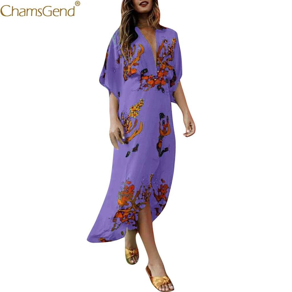 Sexy Deep V-Neck Print Dresses Woman Party Night Maxi Dresses Beach Dresses And Tunics Plus Size Bohemian Irregular Dress Jul