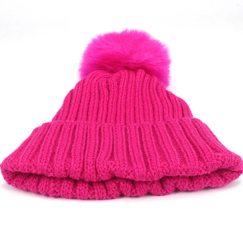 Детская шапка, женские шапки, вязаные шапки Skullies, шапка с помпоном из искусственного меха, белая, осенняя, зимняя, теплая, чистый цвет, высокое качество