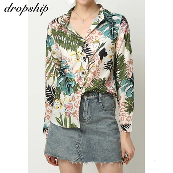

Lady Casual Floral Print Tops Shirt Fashion Women Summer Loose Top Long Sleeve V-neck Blouse Chiffon Women's Leaf Print Shirt