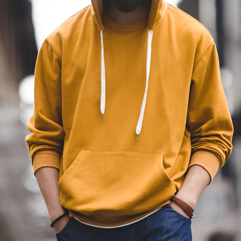 

Maden Men's Regular Fit Retro Casual Hooded Sweatshirt Spring Autumn Solid Long Sleeve Cotton Sweatshirt White Yellow Blue