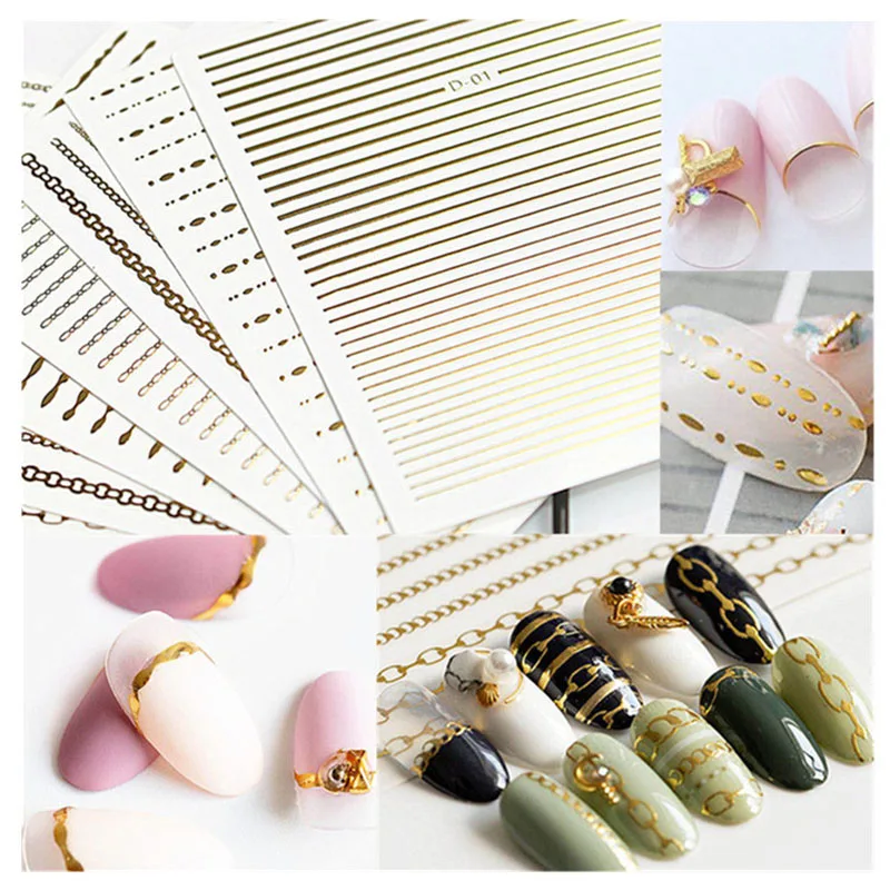 

Gold Nails Stickers Metal Lines Strip 3D Adhesive Decal Wave Nail Art Foil Slider Design Tape Manicure Design