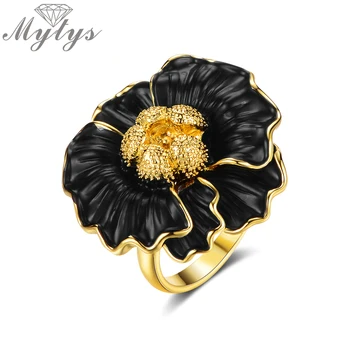 

Mytys Gold Black Metal Flower Statement Ring for Women Trendy Fashion Party Ring Gift Accessory R2157