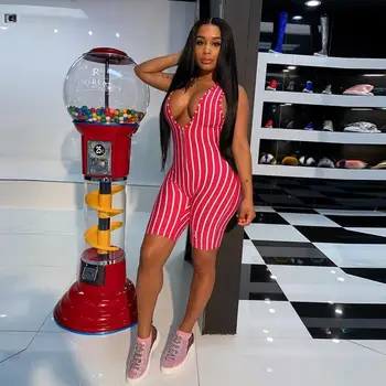 

2020 New Summer Women Stripe Bodycon Bodysuits One Piece Set Rompers Club Party Night Skinny Playsuits