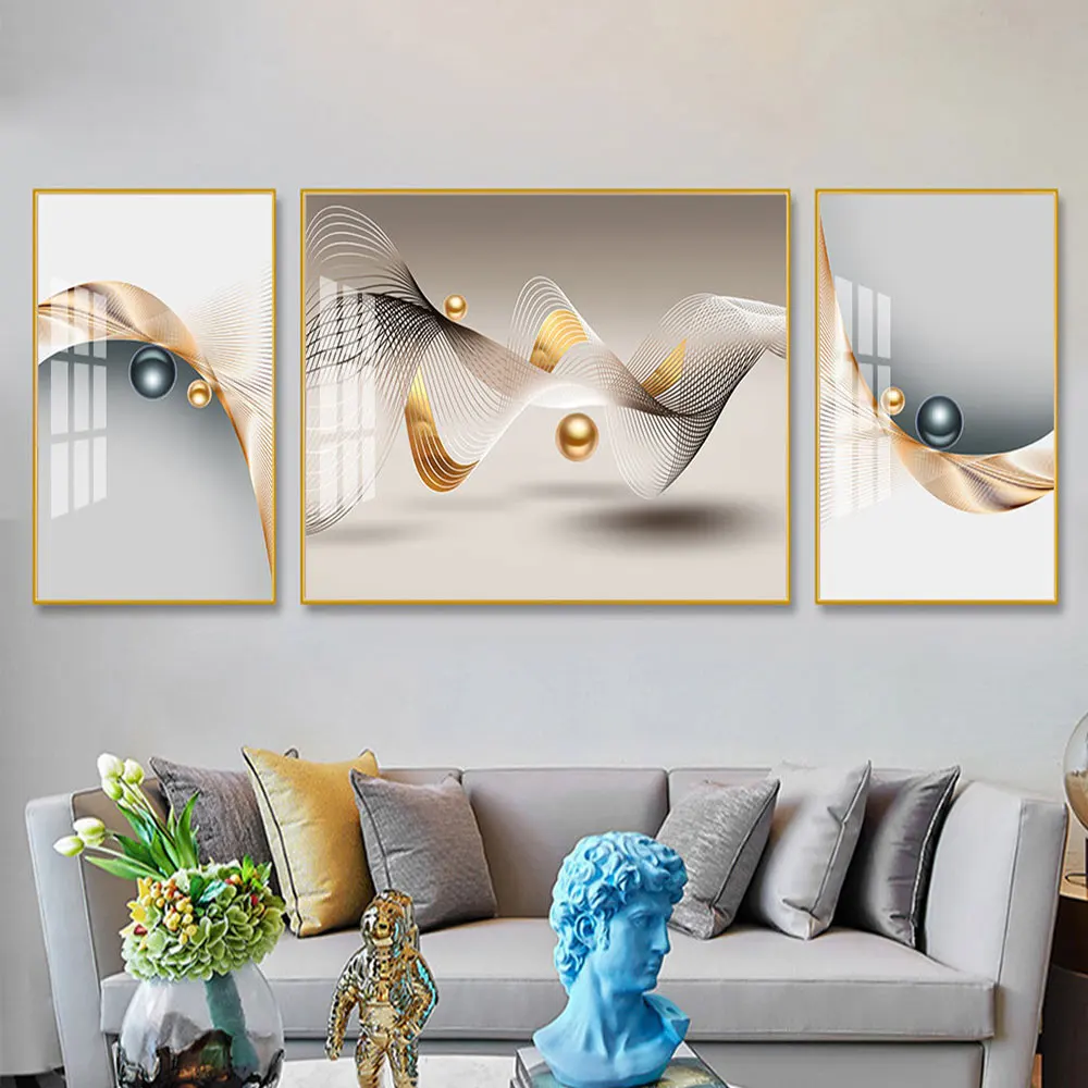 3 Piece Nordic Luxury Blue Ribbon Canvas Painting Wall Art Geometry Gold Lines Posters Prints Wall Pictures Living Room Decor