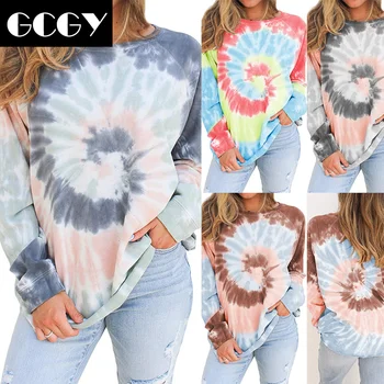 

GCGY 2020 Autumn T Shirt Tie Dye Long Sleeve Tops Women Casual O-neck Loose Tops Tee Shirts Harajuku Multicolor Spring Autumn
