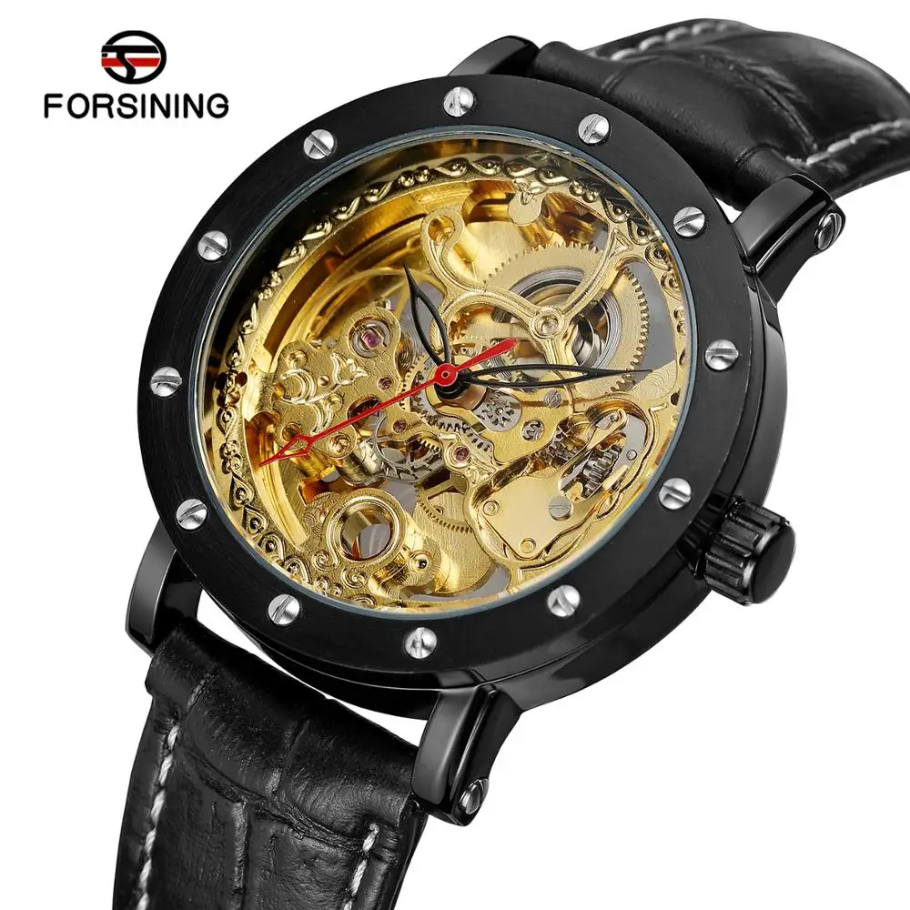 

Forsining Royal Flower Carving Gear Golden Movement Transparent Genuine Leather Bezel Mens Mechanical Watches Top Brand Luxury