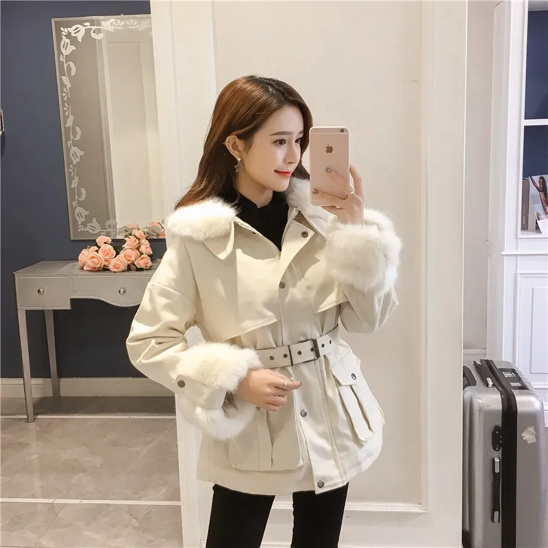 

2018 Winter New Style Korean-style Mid-length Waist Hugging Fur Collar Workwear Brushed And Thick Red Cotton Coat Female Jeans C