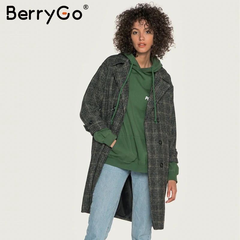 BerryGo Винтаж твидовый в клетку длинное пальто для женщин осень зима офисные женские пальто свободные пуговицы карманы женское теплое пальто из смешанной шерсти