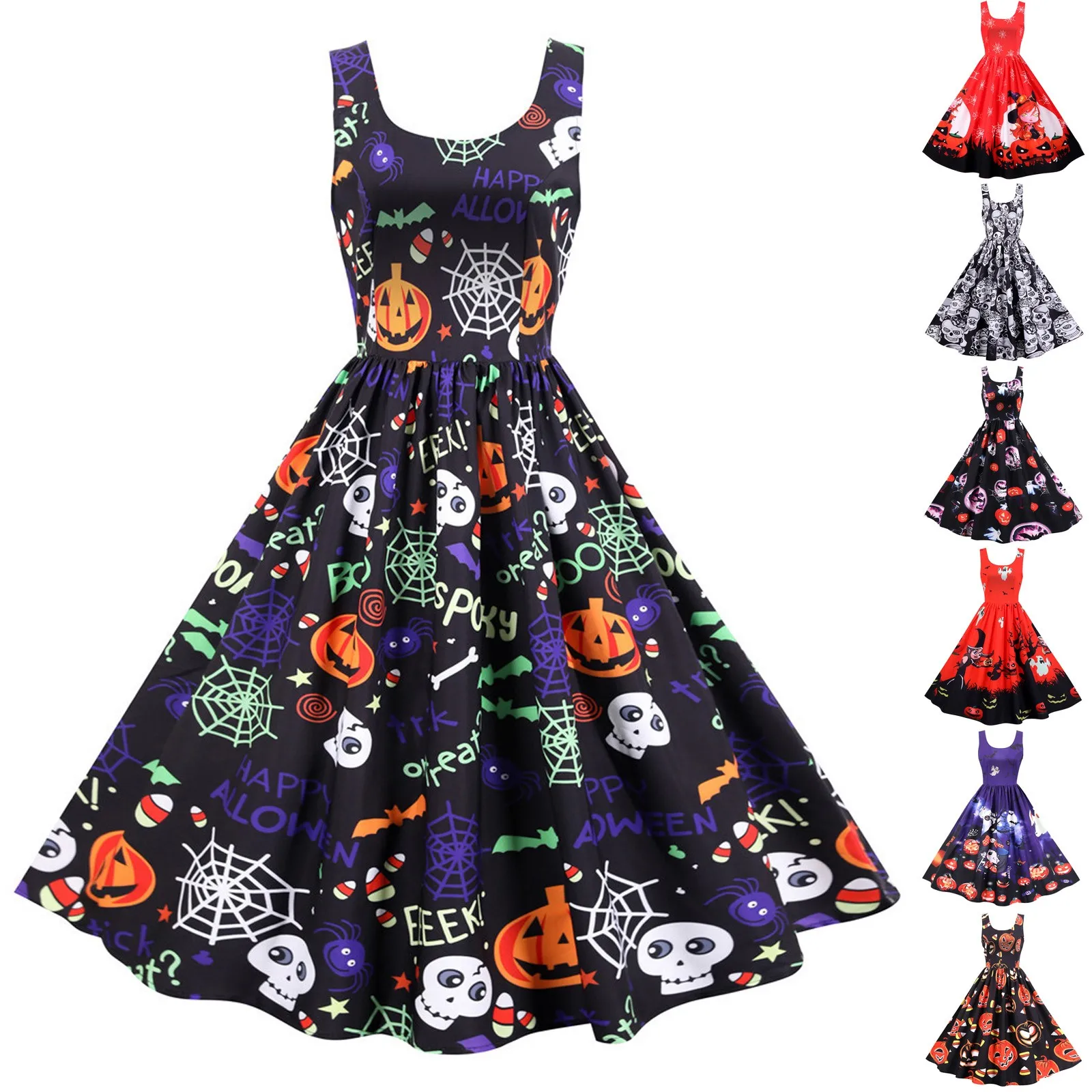 Dress Ladies Fashion Halloween Pumpkin Spider Ghost Print Sleeveless Evening Party Prom Vintage Dress for Women Gift Vestido 1