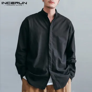 

INCERUN Men Shirt Brand Long Sleeve Stand Collar Harajuku Cotton Linen Streetwear Solid Tops Mens Business Casual Shirts S-5XL