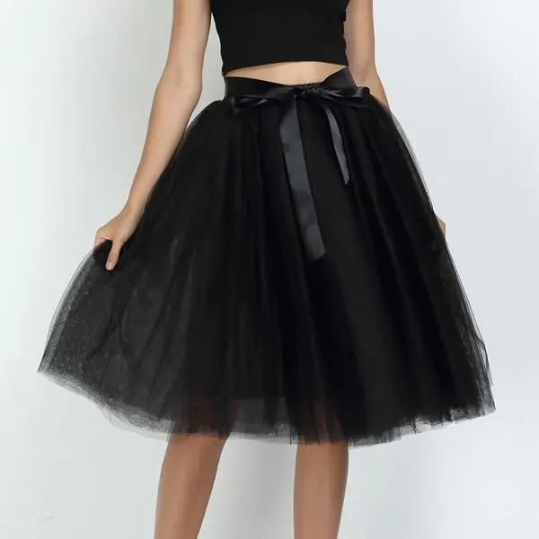 6Layers 65cm Fashion Tulle Skirt Pleated Tutu Skirts Women Lolita Petticoat Bridesmaids Sweet Party Midi Skirt Mini Skirt Dress black