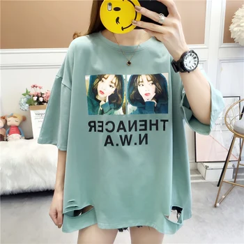 

Hip Hop Printed Oversize T-Shirts Women Big Ripped Hole Short Sleeve O-Neck Loose Casual Streetwear Kawaii Girl Preppy Style