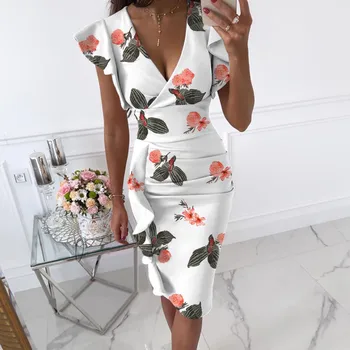 Women Floral Print Midi Dress Plus Size Ruffles Sleeve V-neck Slim Vintage Dresses 1