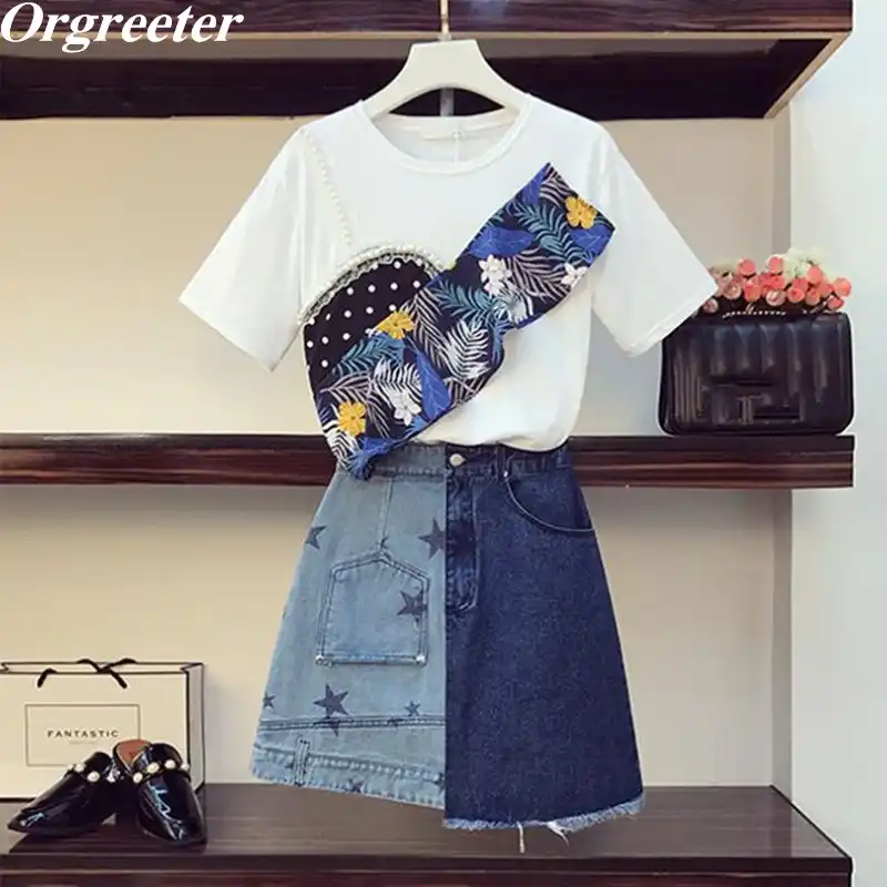 ファッションストリート夏新ツーピース真珠ビーズプリントフリルデコ Tシャツと星プリントパッチワークデニムスカートセット女性 レディースセット Aliexpress