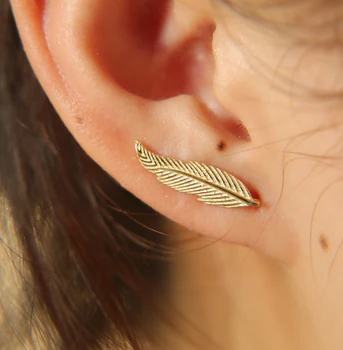 

2017 high quality polished gold silver color 100% 925 sterling silver Long ear wire sweep climber silver feather earring