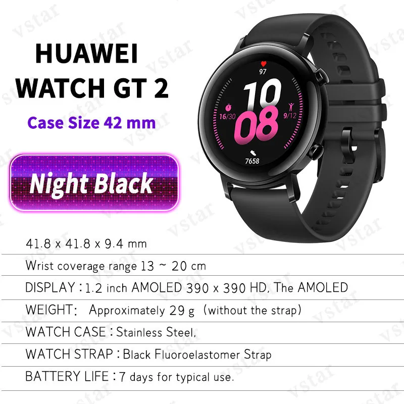 Night Black 42mm Оригинальные часы HUAWEI GT 2, умные часы, 1,39 дюймов, Kirin A1, Bluetooth 5,1, кровяный кислород, пульсометр, спящий, 14 дней, умные спортивные часы GT 2 - Цвет: Night Black 42mm