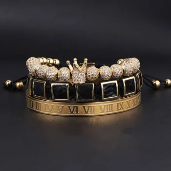 Drop Shipping New Luxury CZ Micro Pave Ball Crown Leather Square Braided Stainless Steel Roman Bangle Men Bracelet Set Men Women