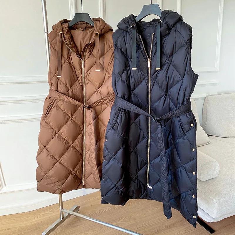 Luxury Women\'s Sleeveless Down Vest With belt Winter Warm Zipper Hooded Long Down jacket Fashion Outerwear Lady INKEO 1O338