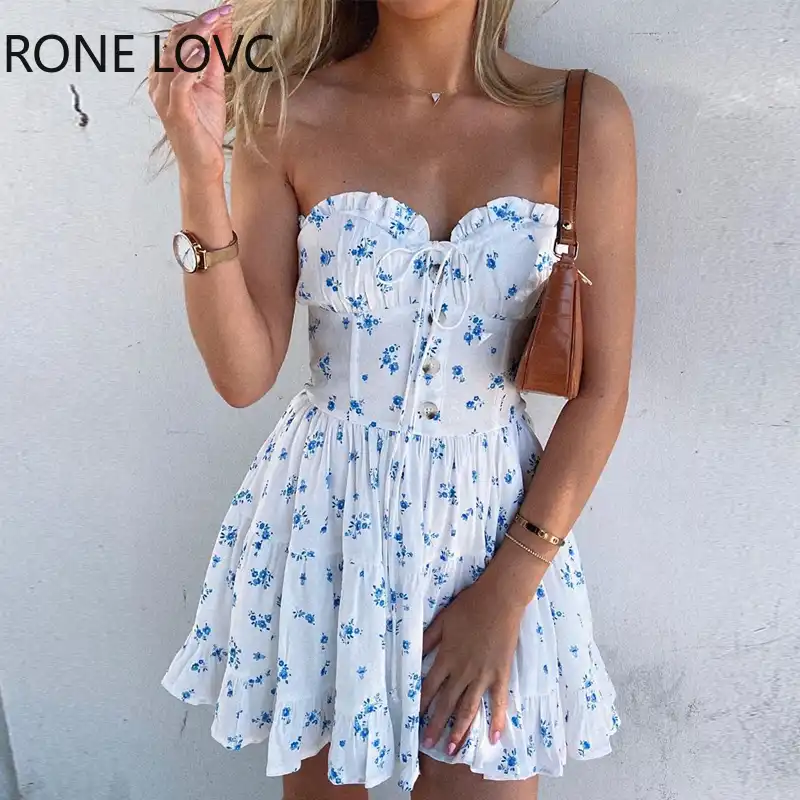Floral print bandeau frill hem dress Clearance